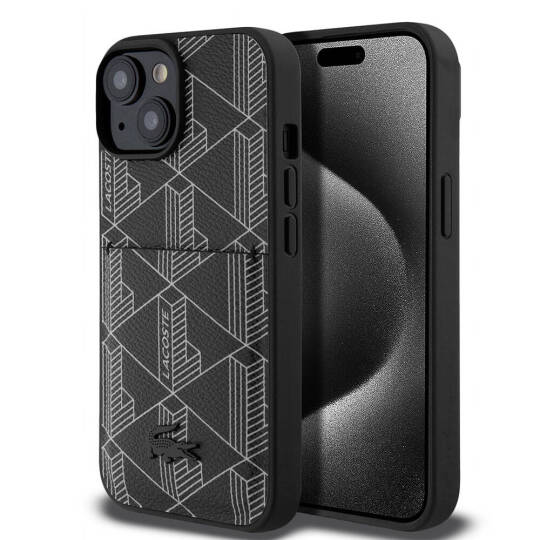 Apple iPhone 15 Kılıf Lacoste Orjinal Lisanslı M-safe Şarj Özellikli PU Deri Görünümlü Kartlıklı Karışık Monogram Desenli Kapak