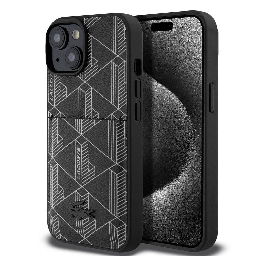 Apple iPhone 15 Kılıf Lacoste Orjinal Lisanslı M-safe Şarj Özellikli PU Deri Görünümlü Kartlıklı Karışık Monogram Desenli Kapak - 1