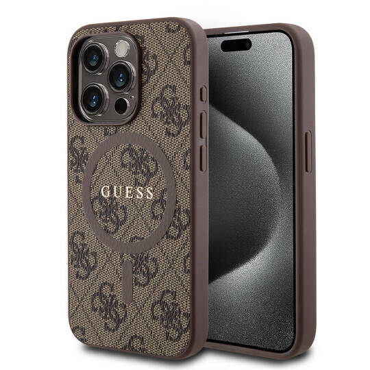 Apple iPhone 15 Pro Kılıf Guess Orjinal Lisanslı M-safe Şarj Özellikli PU Halkalı 4G Desenli Yazı Logolu Kapak - 4