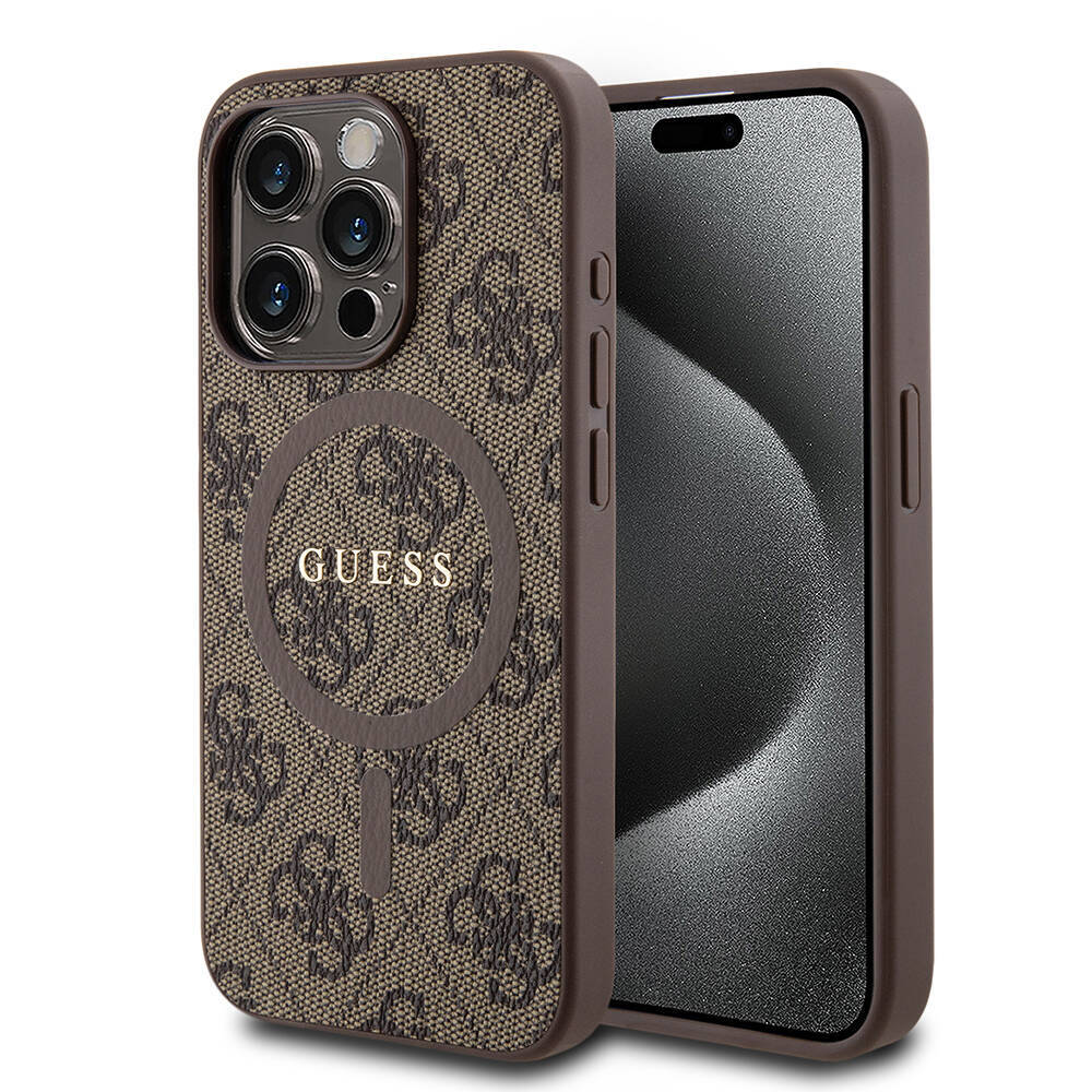 Apple iPhone 15 Pro Kılıf Guess Orjinal Lisanslı M-safe Şarj Özellikli PU Halkalı 4G Desenli Yazı Logolu Kapak - 4
