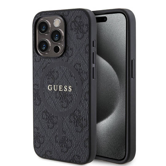 Apple iPhone 15 Pro Kılıf Guess Orjinal Lisanslı M-safe Şarj Özellikli PU Halkalı 4G Desenli Yazı Logolu Kapak - 5