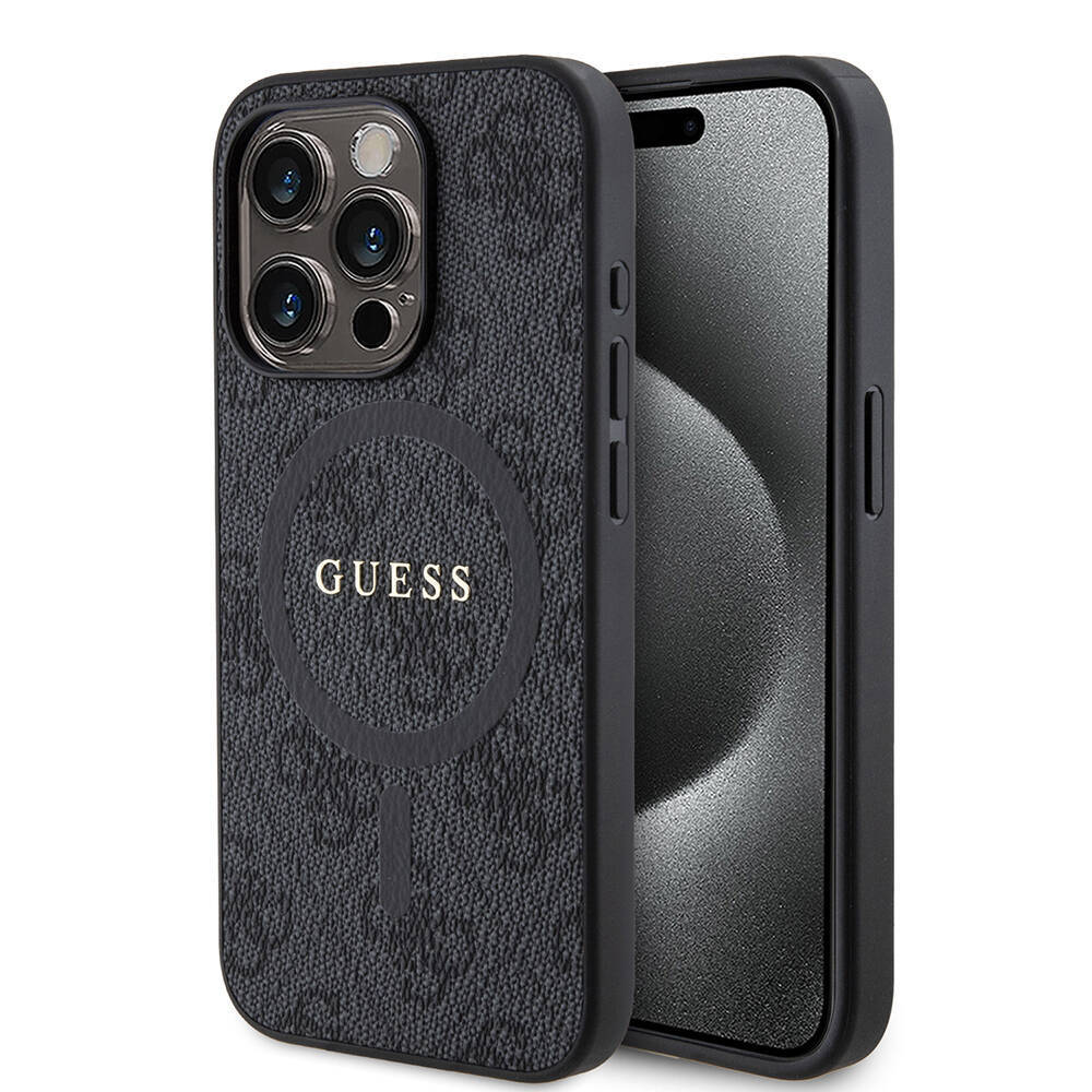 Apple iPhone 15 Pro Kılıf Guess Orjinal Lisanslı M-safe Şarj Özellikli PU Halkalı 4G Desenli Yazı Logolu Kapak - 5