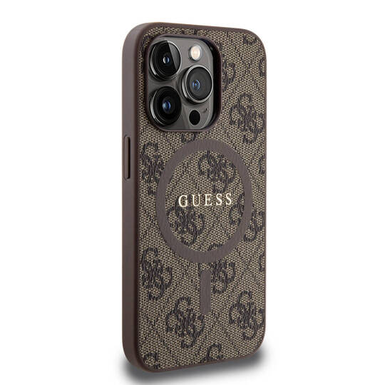Apple iPhone 15 Pro Kılıf Guess Orjinal Lisanslı M-safe Şarj Özellikli PU Halkalı 4G Desenli Yazı Logolu Kapak - 13
