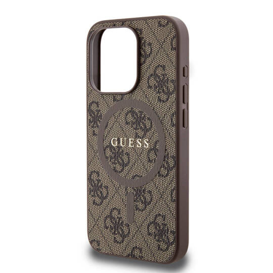 Apple iPhone 15 Pro Kılıf Guess Orjinal Lisanslı M-safe Şarj Özellikli PU Halkalı 4G Desenli Yazı Logolu Kapak - 15