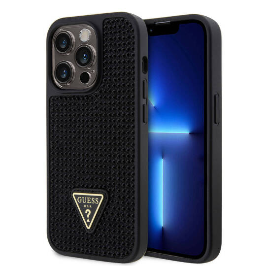 Apple iPhone 15 Pro Kılıf Guess Orjinal Lisanslı Taşlı Arka Yüzey Üçgen Logolu Kapak - 24