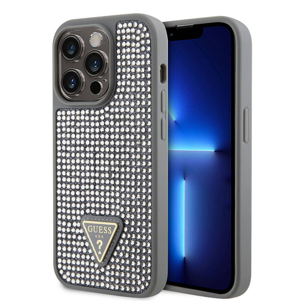 Apple iPhone 15 Pro Kılıf Guess Orjinal Lisanslı Taşlı Arka Yüzey Üçgen Logolu Kapak - 23