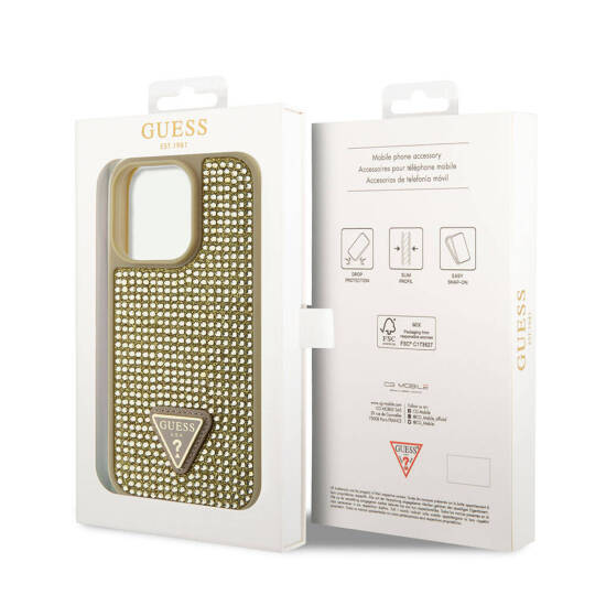 Apple iPhone 15 Pro Kılıf Guess Orjinal Lisanslı Taşlı Arka Yüzey Üçgen Logolu Kapak - 15