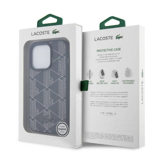 Apple iPhone 15 Pro Kılıf Lacoste Orjinal Lisanslı M-safe Şarj Özellikli PU Deri Görünümlü Karışık Monogram Desenli Kapak - 22