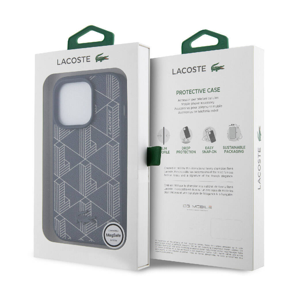 Apple iPhone 15 Pro Kılıf Lacoste Orjinal Lisanslı M-safe Şarj Özellikli PU Deri Görünümlü Karışık Monogram Desenli Kapak - 22