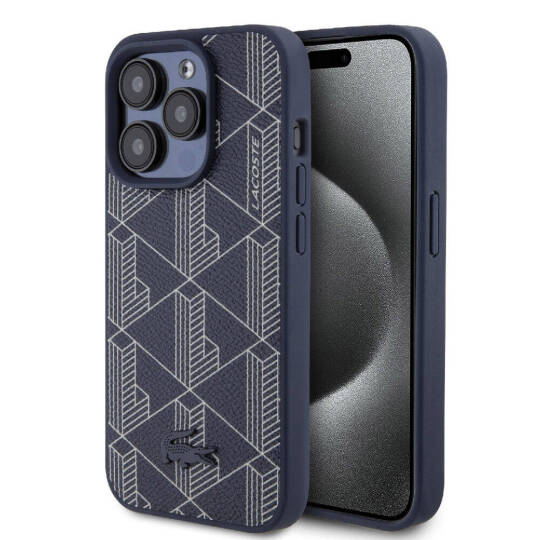 Apple iPhone 15 Pro Kılıf Lacoste Orjinal Lisanslı M-safe Şarj Özellikli PU Deri Görünümlü Karışık Monogram Desenli Kapak