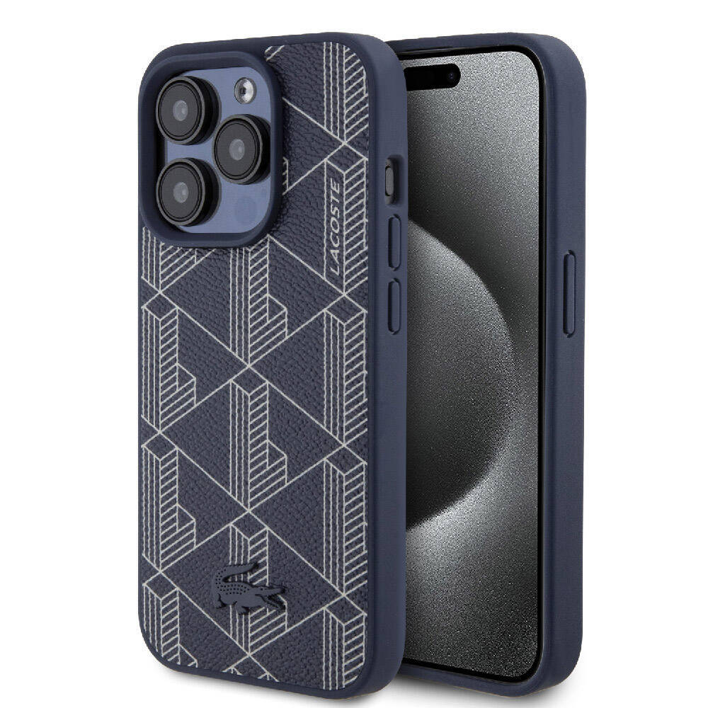 Apple iPhone 15 Pro Kılıf Lacoste Orjinal Lisanslı M-safe Şarj Özellikli PU Deri Görünümlü Karışık Monogram Desenli Kapak - 1