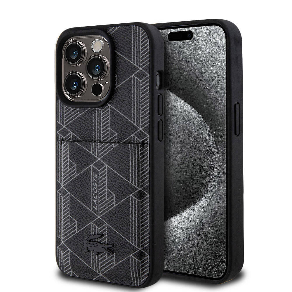 Apple iPhone 15 Pro Kılıf Lacoste Orjinal Lisanslı M-safe Şarj Özellikli PU Deri Görünümlü Kartlıklı Karışık Monogram Desenli Kapak - 4