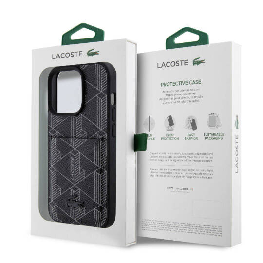 Apple iPhone 15 Pro Kılıf Lacoste Orjinal Lisanslı M-safe Şarj Özellikli PU Deri Görünümlü Kartlıklı Karışık Monogram Desenli Kapak - 11