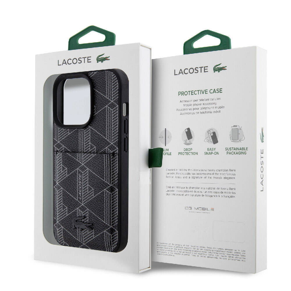 Apple iPhone 15 Pro Kılıf Lacoste Orjinal Lisanslı M-safe Şarj Özellikli PU Deri Görünümlü Kartlıklı Karışık Monogram Desenli Kapak - 11