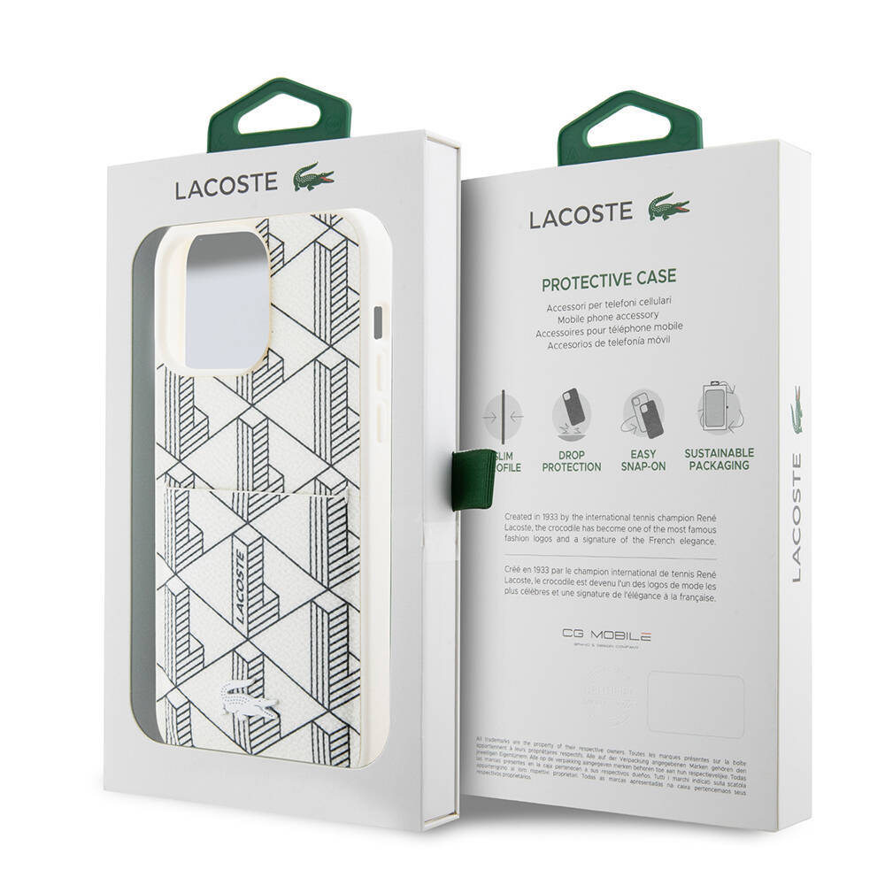 Apple iPhone 15 Pro Kılıf Lacoste Orjinal Lisanslı M-safe Şarj Özellikli PU Deri Görünümlü Kartlıklı Karışık Monogram Desenli Kapak - 18