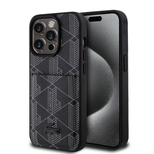 Apple iPhone 15 Pro Kılıf Lacoste Orjinal Lisanslı M-safe Şarj Özellikli PU Deri Görünümlü Kartlıklı Karışık Monogram Desenli Kapak - 2