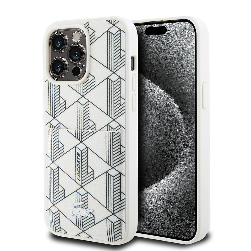 Apple iPhone 15 Pro Kılıf Lacoste Orjinal Lisanslı M-safe Şarj Özellikli PU Deri Görünümlü Kartlıklı Karışık Monogram Desenli Kapak - 1