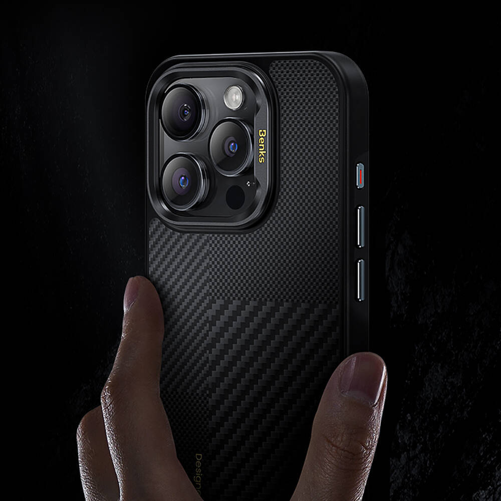 Apple iPhone 15 Pro Kılıf M-safe Şarj Özellikli Karbon Fiber Benks Montage Hybrid ArmorPro Kevlar Kapak - 9
