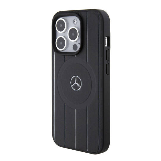 Apple iPhone 15 Pro Kılıf Mercedes Benz Orjinal Lisanslı M-safe Şarj Özellikli Baskı Logolu Paralel Çizgi Desenli Deri Kapak - 3