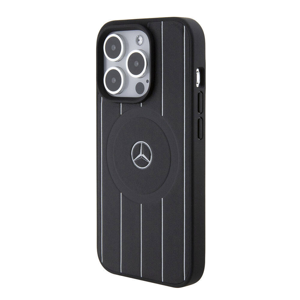 Apple iPhone 15 Pro Kılıf Mercedes Benz Orjinal Lisanslı M-safe Şarj Özellikli Baskı Logolu Paralel Çizgi Desenli Deri Kapak - 3
