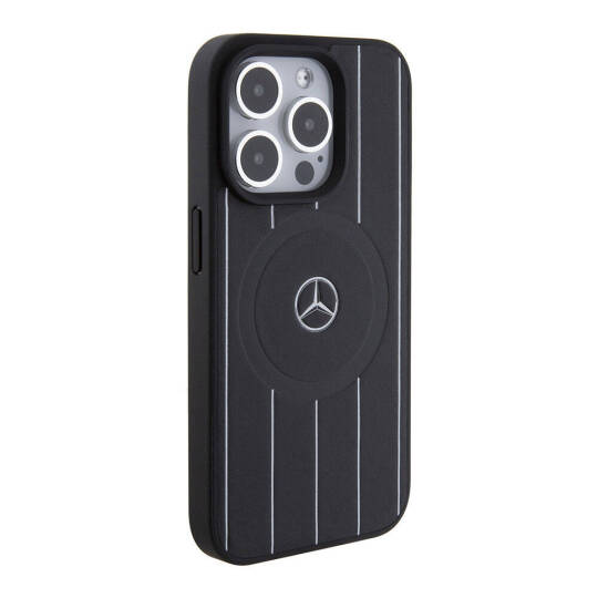 Apple iPhone 15 Pro Kılıf Mercedes Benz Orjinal Lisanslı M-safe Şarj Özellikli Baskı Logolu Paralel Çizgi Desenli Deri Kapak - 5