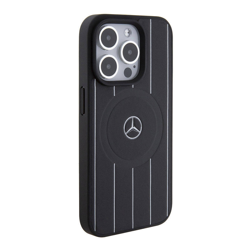 Apple iPhone 15 Pro Kılıf Mercedes Benz Orjinal Lisanslı M-safe Şarj Özellikli Baskı Logolu Paralel Çizgi Desenli Deri Kapak - 5