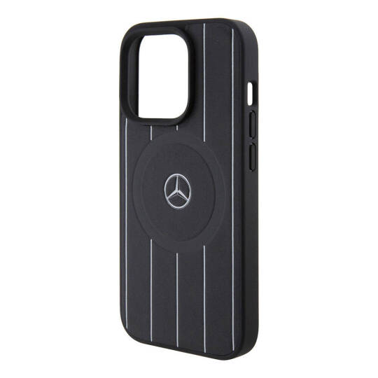 Apple iPhone 15 Pro Kılıf Mercedes Benz Orjinal Lisanslı M-safe Şarj Özellikli Baskı Logolu Paralel Çizgi Desenli Deri Kapak - 7