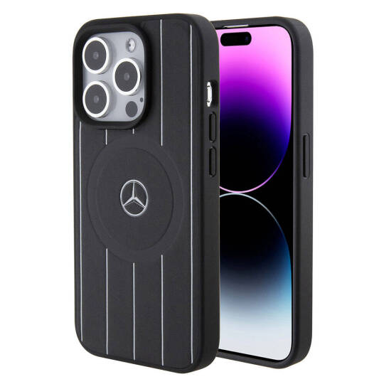 Apple iPhone 15 Pro Kılıf Mercedes Benz Orjinal Lisanslı M-safe Şarj Özellikli Baskı Logolu Paralel Çizgi Desenli Deri Kapak