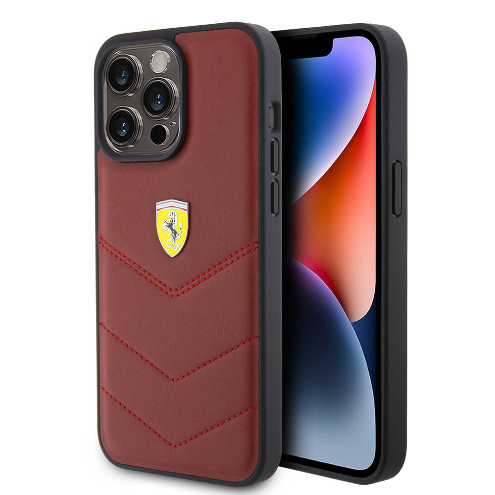Apple iPhone 15 Pro Max Kılıf Ferrari Orjinal Lisanslı Deri Dikişli Arka Yüzey Metal Logo Tasarımlı Kapak - 1