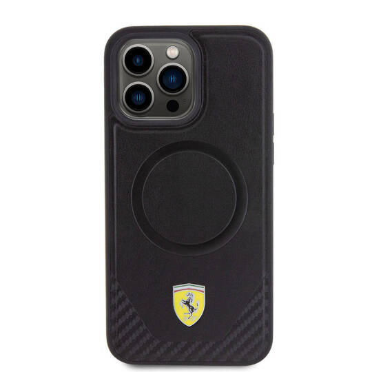 Apple iPhone 15 Pro Max Kılıf Ferrari Orjinal Lisanslı M-safe Şarj Özellikli Metal Logolu PU Karbon Kapak - 12