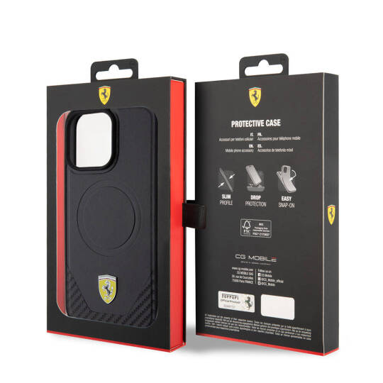 Apple iPhone 15 Pro Max Kılıf Ferrari Orjinal Lisanslı M-safe Şarj Özellikli Metal Logolu PU Karbon Kapak - 17