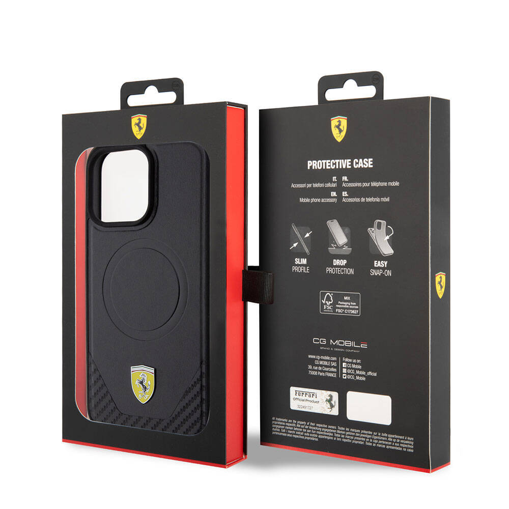 Apple iPhone 15 Pro Max Kılıf Ferrari Orjinal Lisanslı M-safe Şarj Özellikli Metal Logolu PU Karbon Kapak - 17