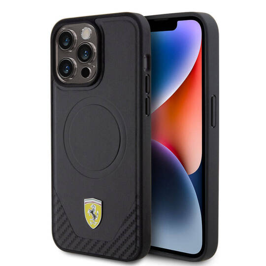 Apple iPhone 15 Pro Max Kılıf Ferrari Orjinal Lisanslı M-safe Şarj Özellikli Metal Logolu PU Karbon Kapak - 2