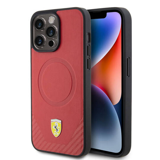 Apple iPhone 15 Pro Max Kılıf Ferrari Orjinal Lisanslı M-safe Şarj Özellikli Metal Logolu PU Karbon Kapak