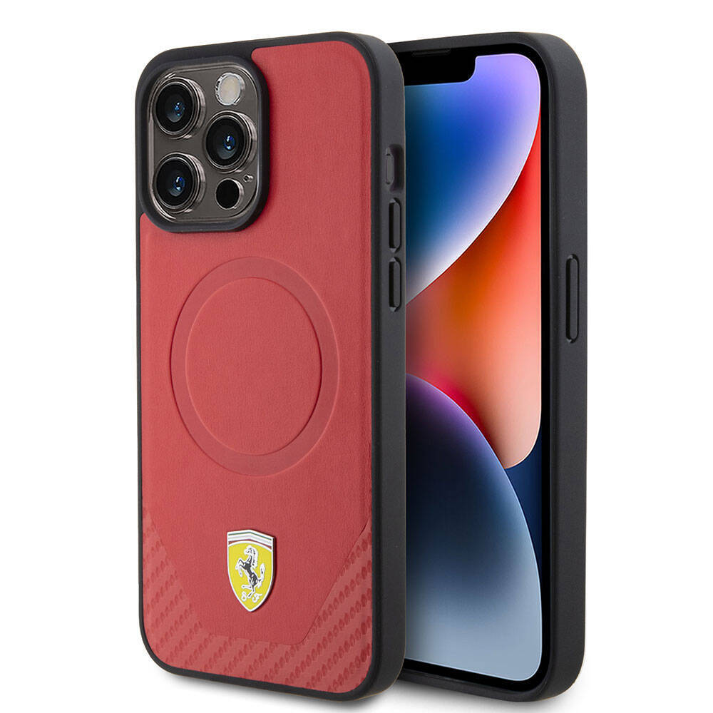 Apple iPhone 15 Pro Max Kılıf Ferrari Orjinal Lisanslı M-safe Şarj Özellikli Metal Logolu PU Karbon Kapak - 1