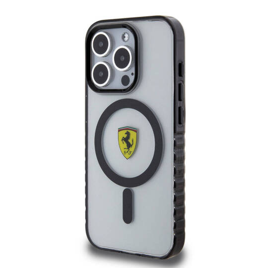 Apple iPhone 15 Pro Max Kılıf Ferrari Orjinal Lisanslı M-safe Şarj Özellikli Tırtıklı Kenar Tasarımlı Ortalanmış Logo Kapak - 12