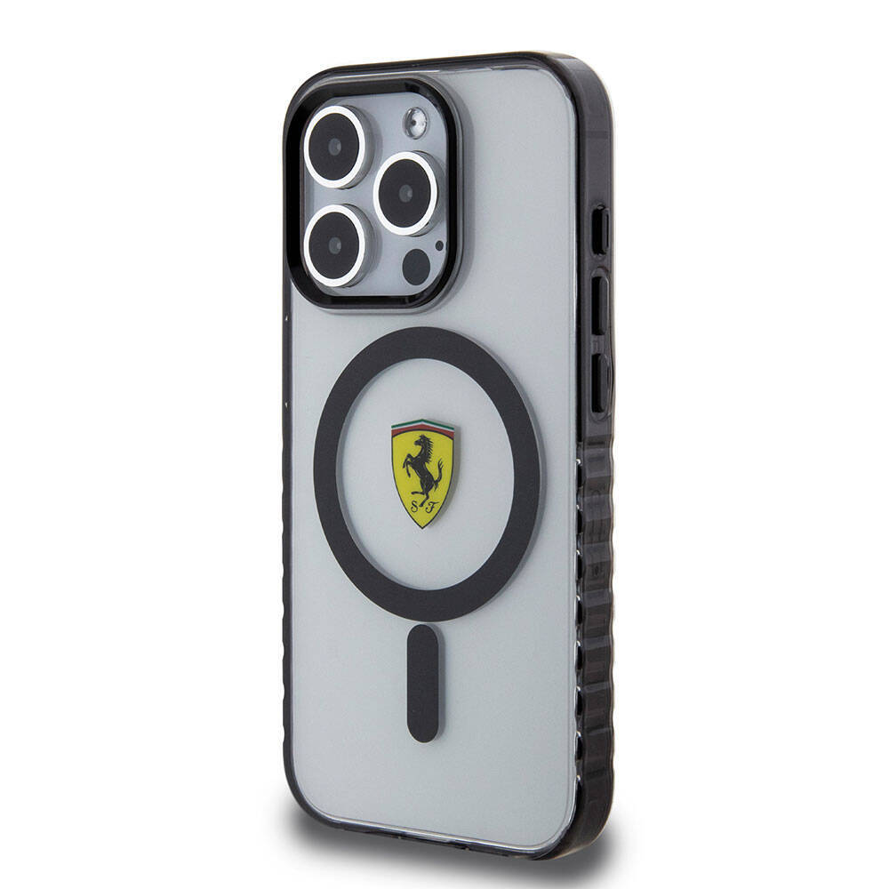 Apple iPhone 15 Pro Max Kılıf Ferrari Orjinal Lisanslı M-safe Şarj Özellikli Tırtıklı Kenar Tasarımlı Ortalanmış Logo Kapak - 12