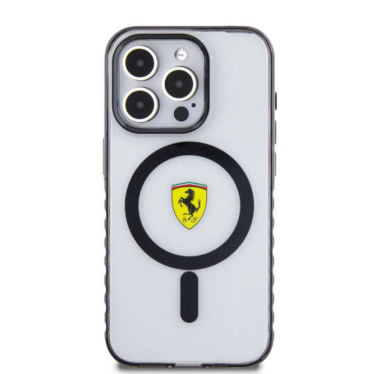Apple iPhone 15 Pro Max Kılıf Ferrari Orjinal Lisanslı M-safe Şarj Özellikli Tırtıklı Kenar Tasarımlı Ortalanmış Logo Kapak - 13