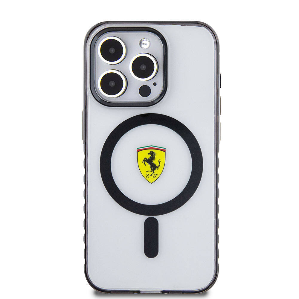 Apple iPhone 15 Pro Max Kılıf Ferrari Orjinal Lisanslı M-safe Şarj Özellikli Tırtıklı Kenar Tasarımlı Ortalanmış Logo Kapak - 13