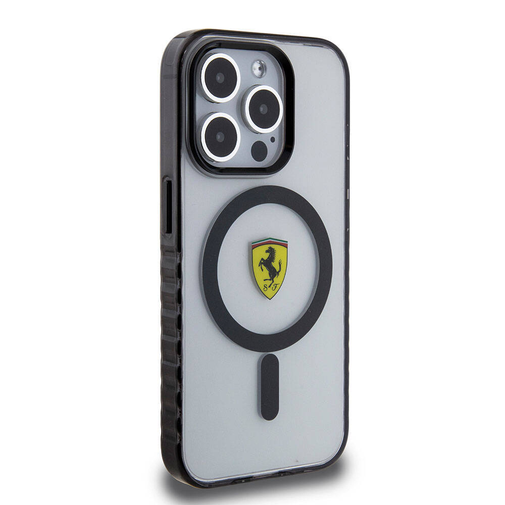 Apple iPhone 15 Pro Max Kılıf Ferrari Orjinal Lisanslı M-safe Şarj Özellikli Tırtıklı Kenar Tasarımlı Ortalanmış Logo Kapak - 14