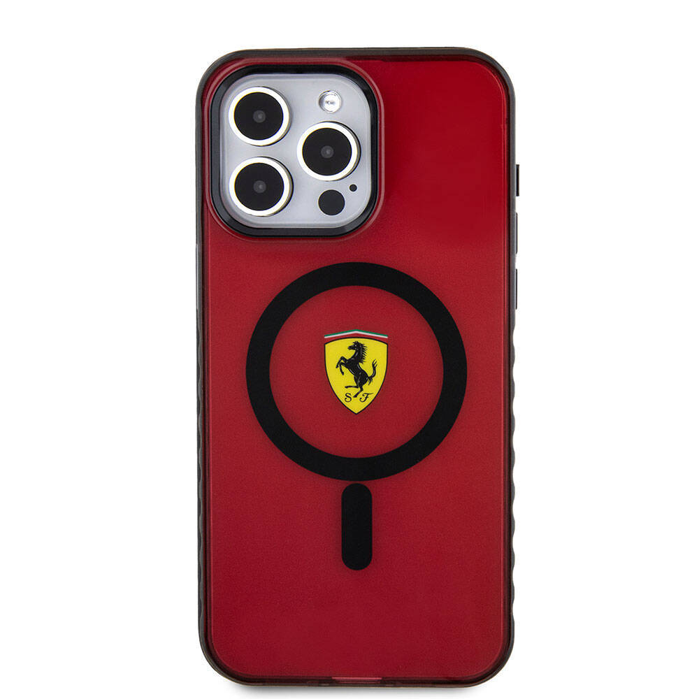 Apple iPhone 15 Pro Max Kılıf Ferrari Orjinal Lisanslı M-safe Şarj Özellikli Tırtıklı Kenar Tasarımlı Ortalanmış Logo Kapak - 22
