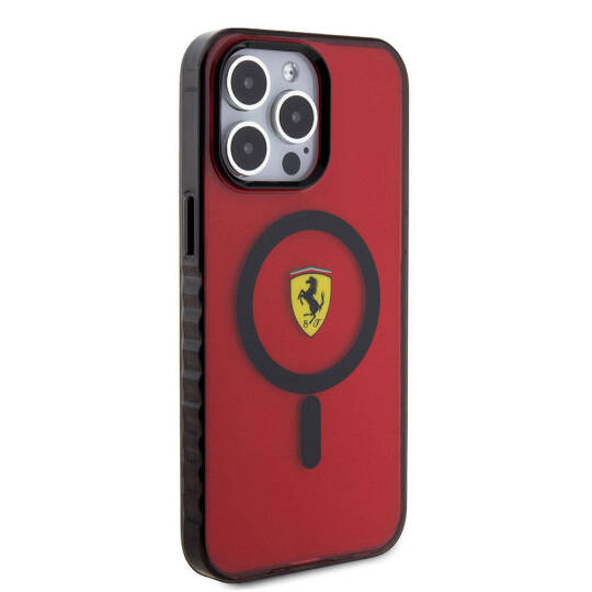 Apple iPhone 15 Pro Max Kılıf Ferrari Orjinal Lisanslı M-safe Şarj Özellikli Tırtıklı Kenar Tasarımlı Ortalanmış Logo Kapak - 23