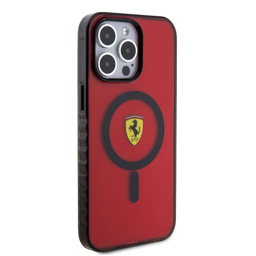Apple iPhone 15 Pro Max Kılıf Ferrari Orjinal Lisanslı M-safe Şarj Özellikli Tırtıklı Kenar Tasarımlı Ortalanmış Logo Kapak - 23