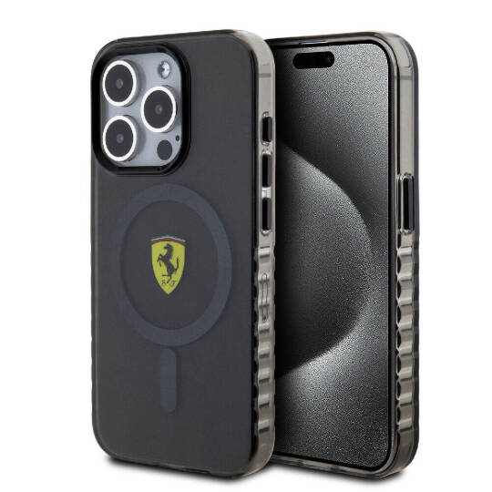 Apple iPhone 15 Pro Max Kılıf Ferrari Orjinal Lisanslı M-safe Şarj Özellikli Tırtıklı Kenar Tasarımlı Ortalanmış Logo Kapak - 3