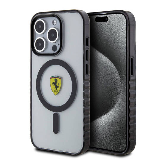 Apple iPhone 15 Pro Max Kılıf Ferrari Orjinal Lisanslı M-safe Şarj Özellikli Tırtıklı Kenar Tasarımlı Ortalanmış Logo Kapak - 2