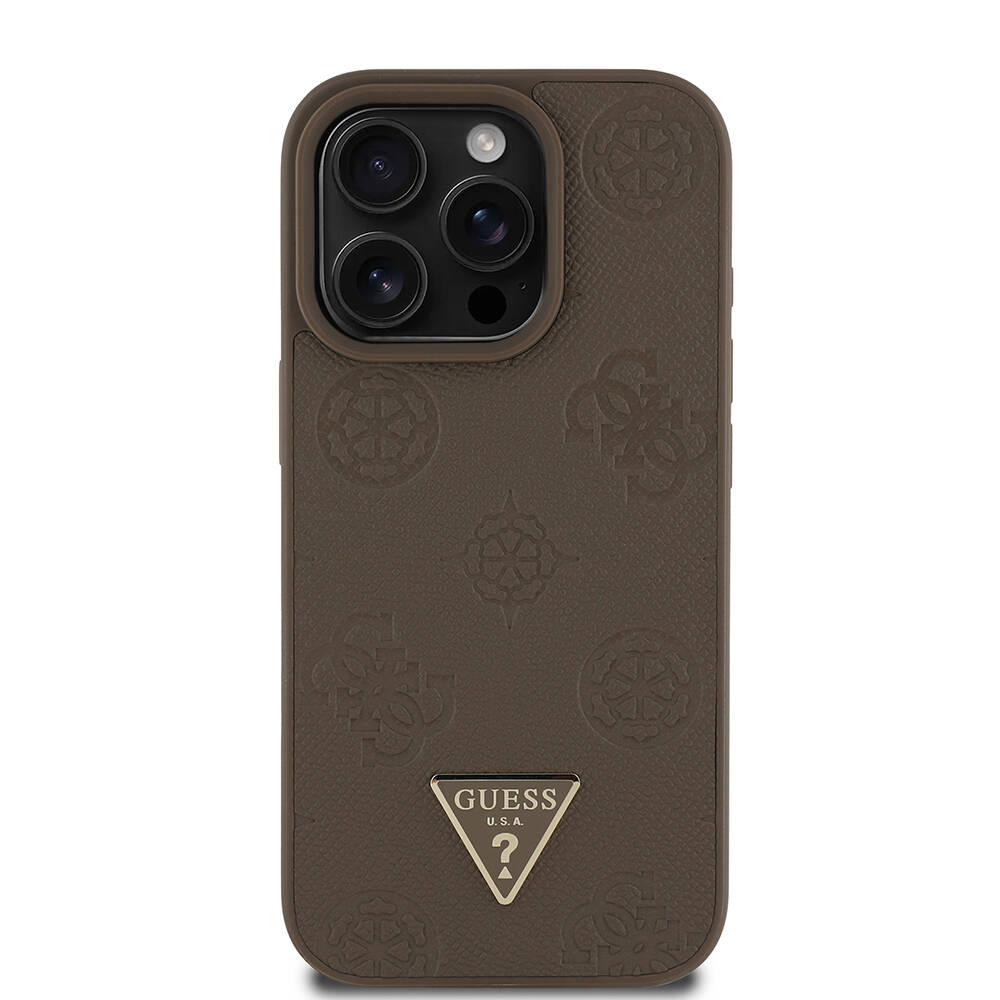 Apple iPhone 15 Pro Max Kılıf Guess Orjinal Lisanslı M-safe Şarj Özellikli Sıcak Baskılı Üçgen Logolu PU Deri Peony Kapak - 24