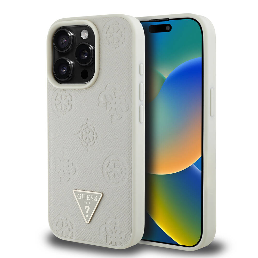 Apple iPhone 15 Pro Max Kılıf Guess Orjinal Lisanslı M-safe Şarj Özellikli Sıcak Baskılı Üçgen Logolu PU Deri Peony Kapak - 7