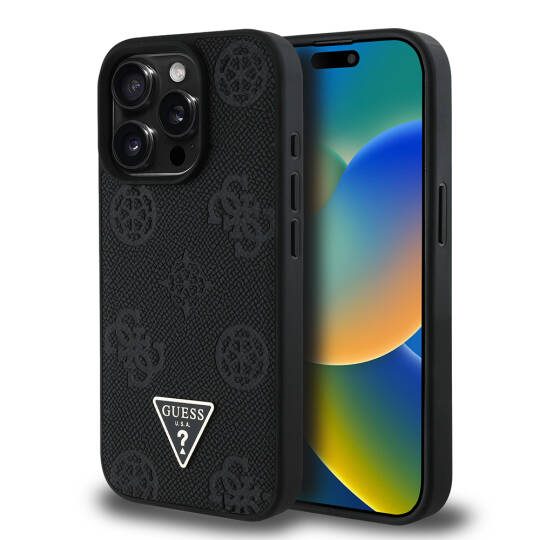 Apple iPhone 15 Pro Max Kılıf Guess Orjinal Lisanslı M-safe Şarj Özellikli Sıcak Baskılı Üçgen Logolu PU Deri Peony Kapak - 14