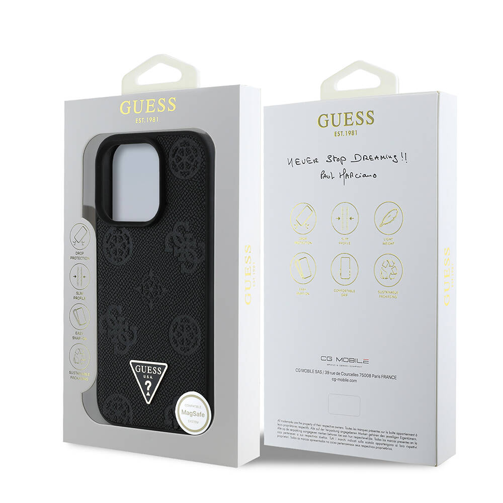 Apple iPhone 15 Pro Max Kılıf Guess Orjinal Lisanslı M-safe Şarj Özellikli Sıcak Baskılı Üçgen Logolu PU Deri Peony Kapak - 15