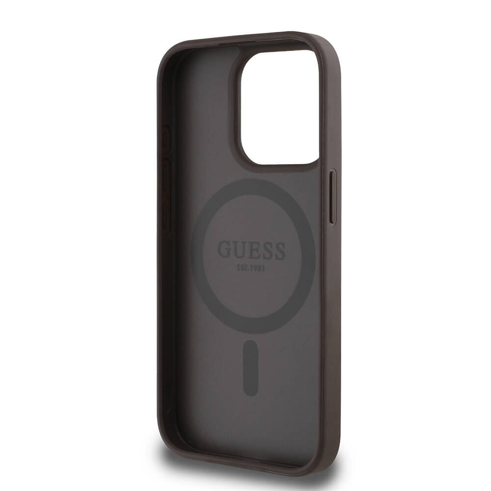 Apple iPhone 15 Pro Max Kılıf Guess Orjinal Lisanslı M-safe Şarj Özellikli Sıcak Baskılı Üçgen Logolu PU Deri Peony Kapak - 20